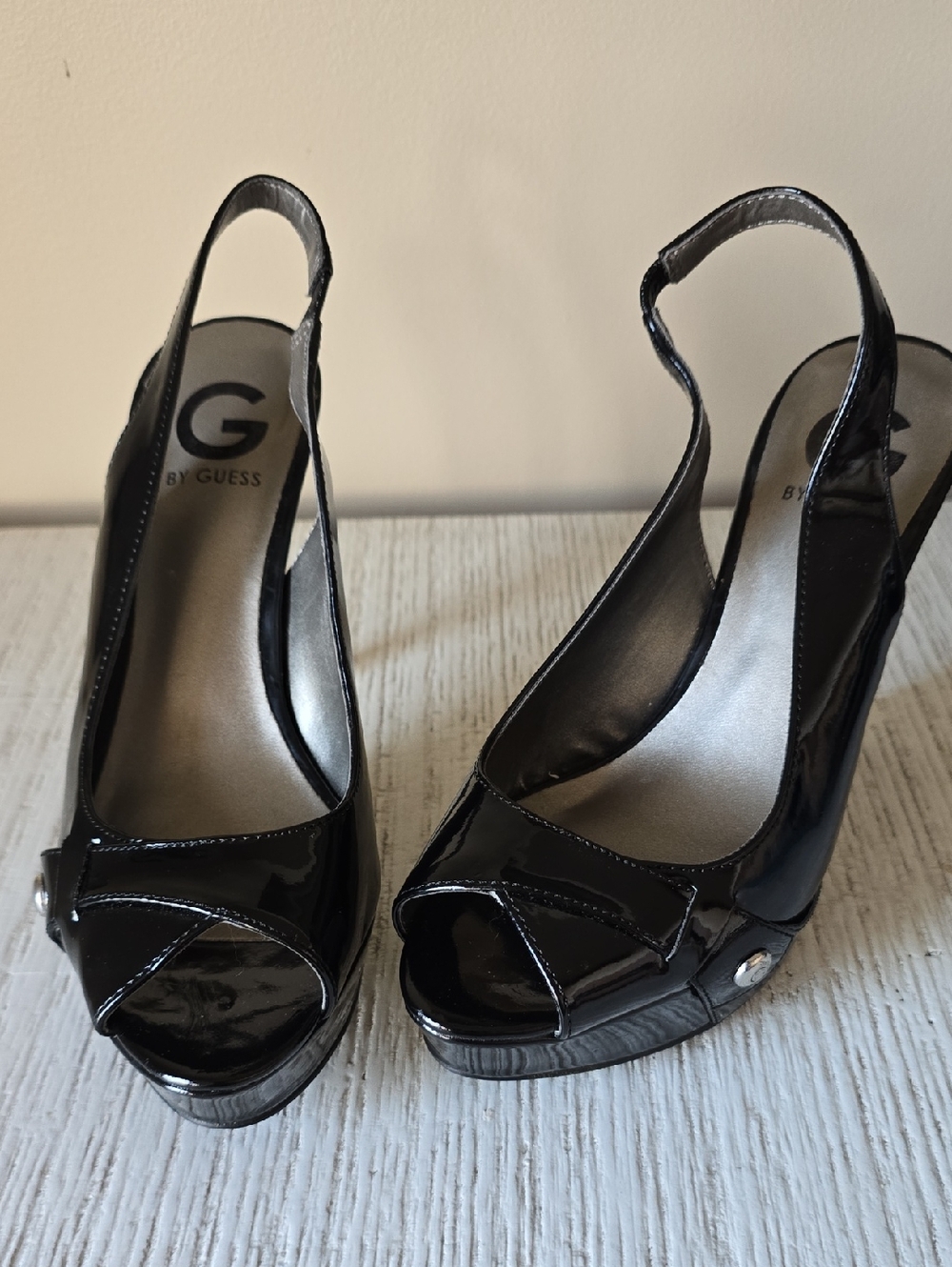 G by Guess Black Patent Peep-Toe Slingback Wedges